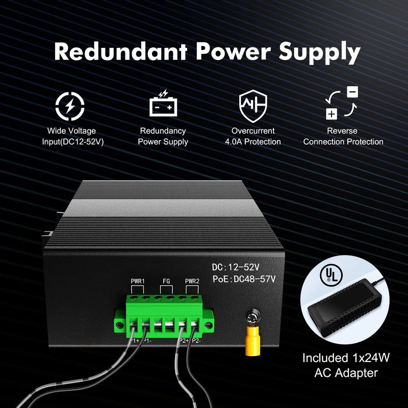 MokerLink 5 Port Industrial DIN-Rail Network Switch, 4 Gigabit Ethernet, 1 SFP, 14Gbps Switching Capacity, IP40 Rated (-40 to 185F), With UL Power Supply - Image 4